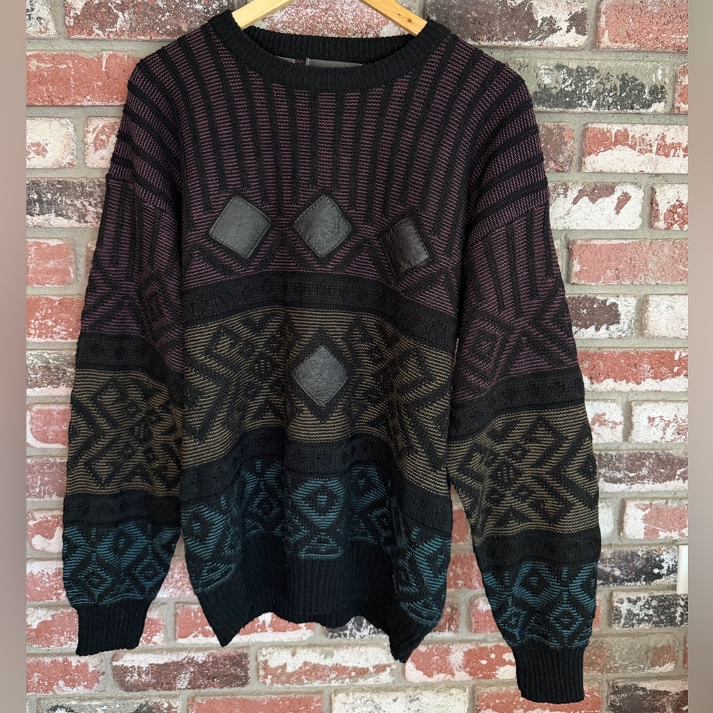 Vintage Men’s Alvin Josef Colorful Geometric Leather Patched Sweater